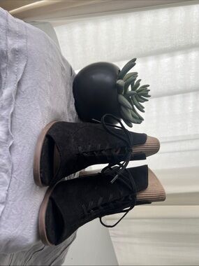 Women's Black Suede Lace-Up Peep Toe Booties with Brown Heel-Gap